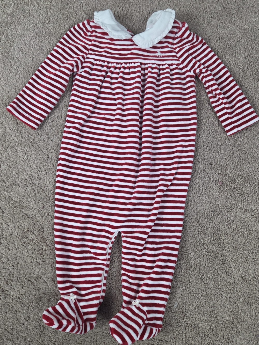 Striped Red & White Footed One-Piece for Kids with Ruffle Collar